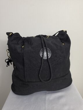 Kipling Black Drawstring Hobo Shoulder Bag with Monkey Charm Unisex